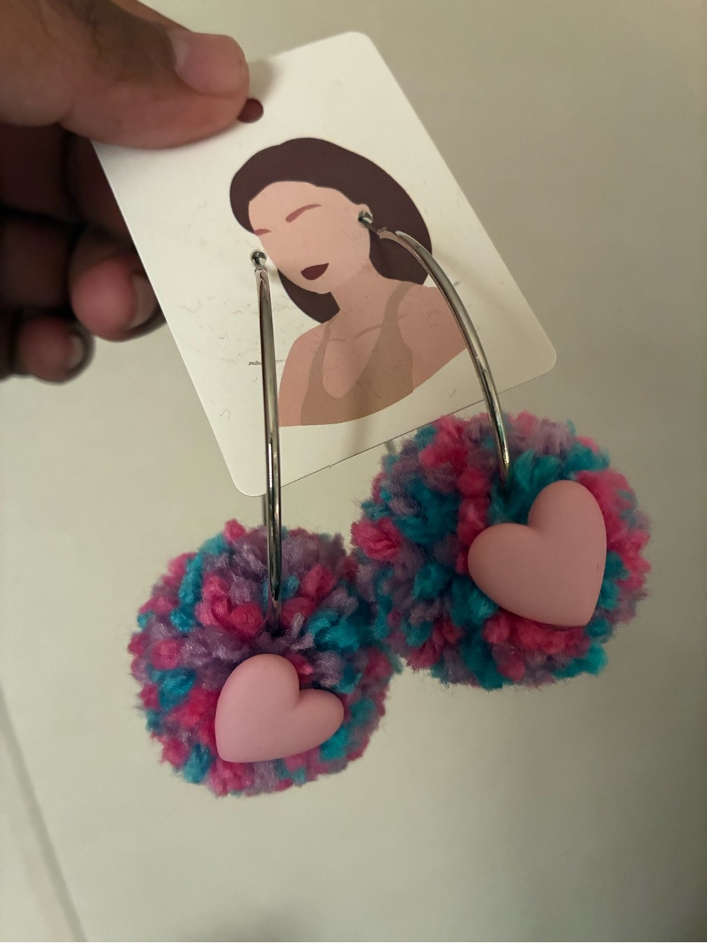 Pink Heart Pom Pom Hoop Earrings - Multicolor